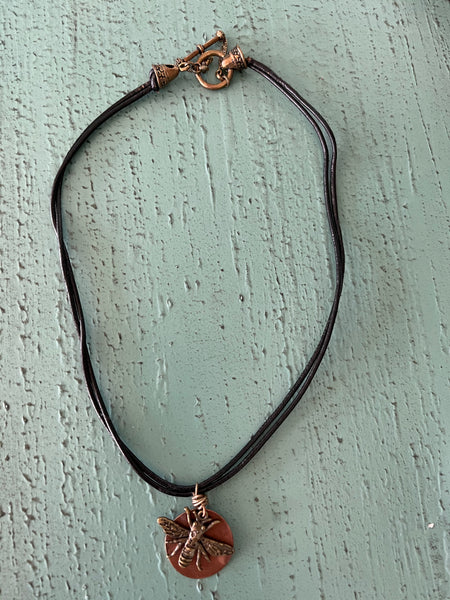Bee Charm with Copper Disc Necklace