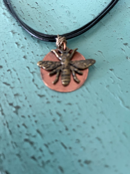 Bee Charm with Copper Disc Necklace