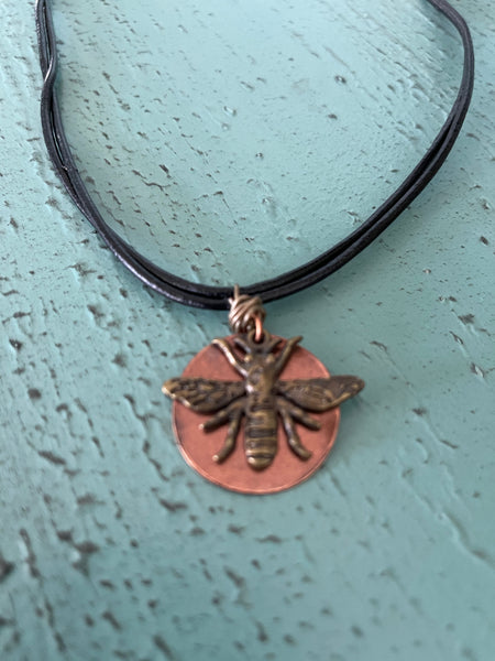 Bee Charm with Copper Disc Necklace