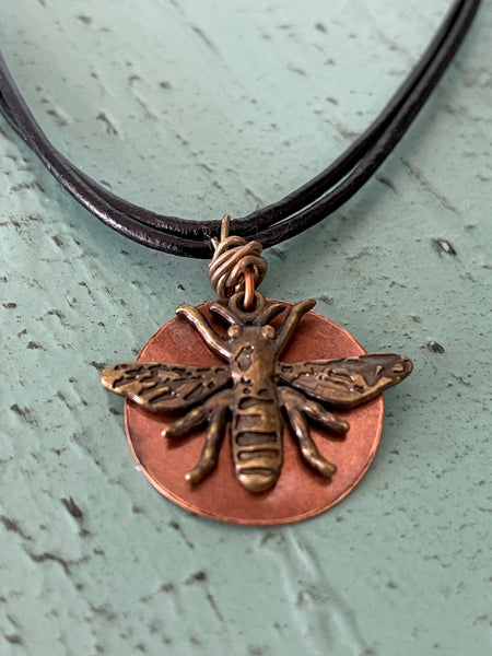 Bee Charm with Copper Disc Necklace