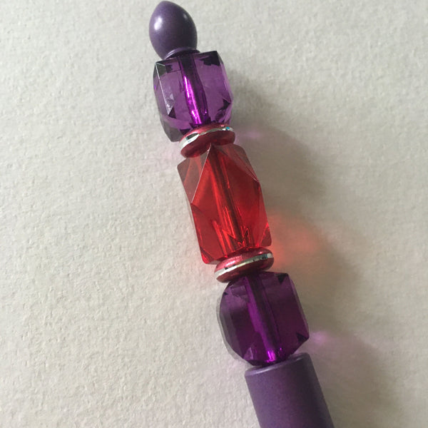 Beaded Pen -  Purple with Red Bling (Great Gift for Red Hat Ladies)