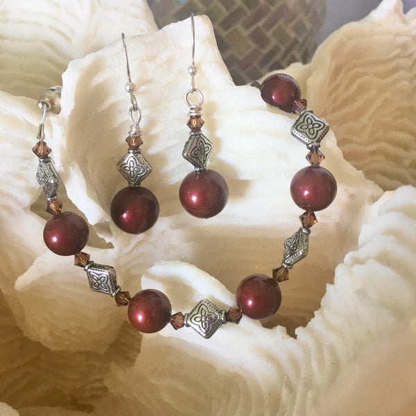 Swarovski Crystal Pearl and Bali Style Decor Beads - Bracelet and Earrings Set