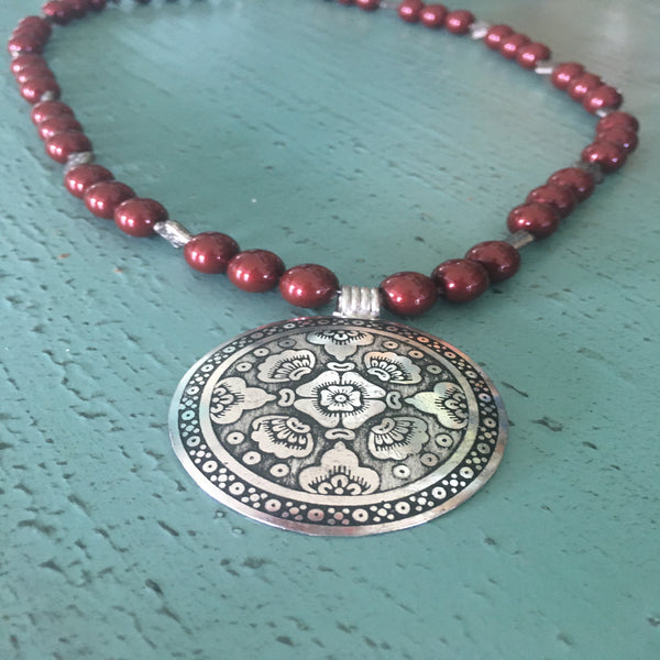 Swarovski Necklace with Bali Style Focal Pendant - Bordeaux