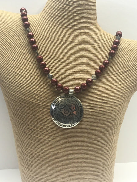 Swarovski Necklace with Bali Style Focal Pendant - Bordeaux