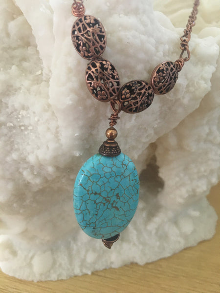 Turquoise & Copper Necklace - Antique Copper Filigree Beads with Copper Chain