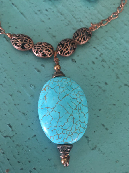 Turquoise & Copper Necklace - Antique Copper Filigree Beads with Copper Chain
