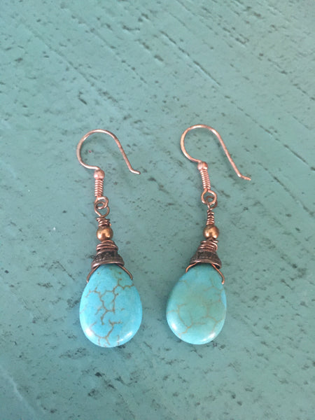 Turquoise & Copper Necklace - Antique Copper Filigree Beads with Copper Chain