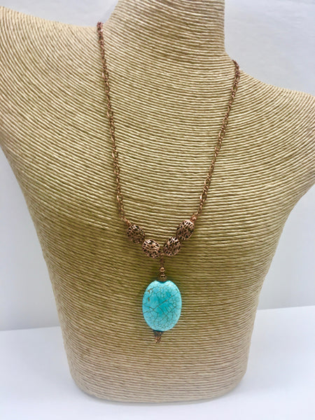 Turquoise & Copper Necklace - Antique Copper Filigree Beads with Copper Chain