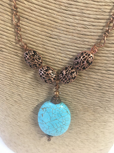Turquoise & Copper Necklace - Antique Copper Filigree Beads with Copper Chain