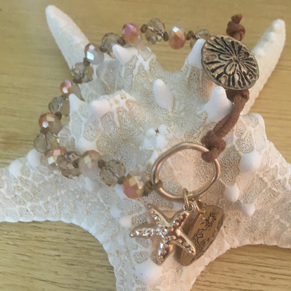 Bracelet - Beaded Leather with Sand Dollar Clasp, Starfish/Beach Scene Charms