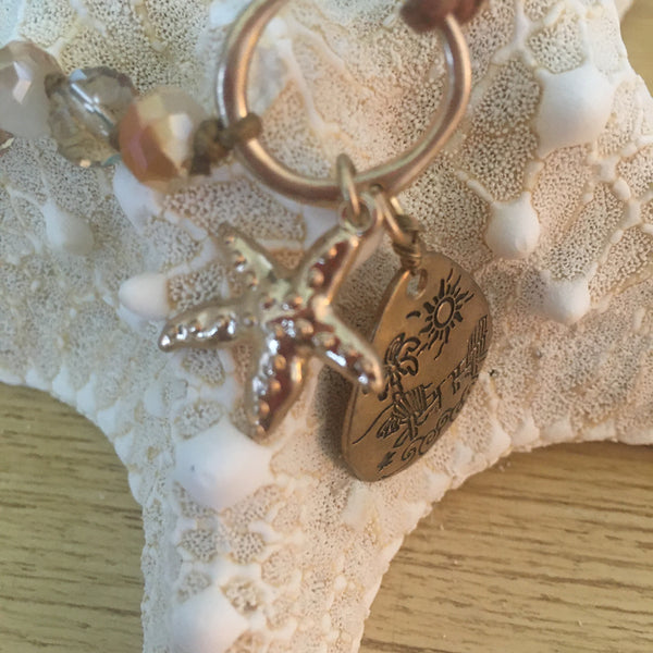Bracelet - Beaded Leather with Sand Dollar Clasp, Starfish/Beach Scene Charms