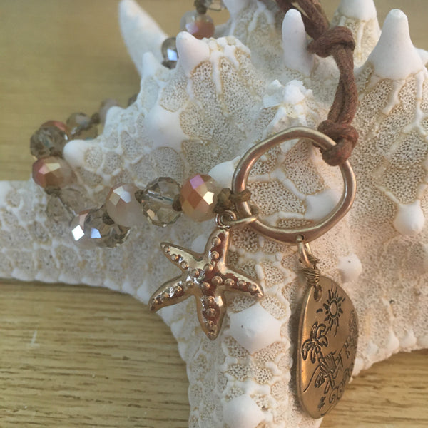 Bracelet - Beaded Leather with Sand Dollar Clasp, Starfish/Beach Scene Charms