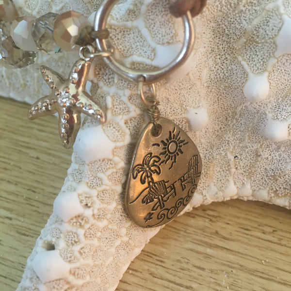 Bracelet - Beaded Leather with Sand Dollar Clasp, Starfish/Beach Scene Charms