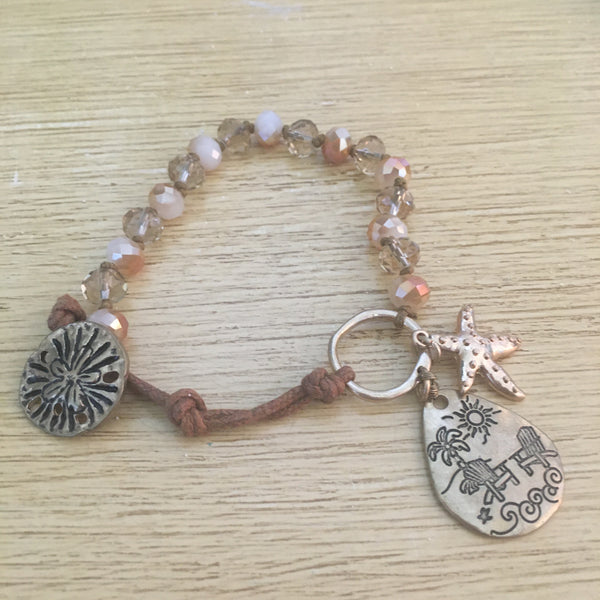 Bracelet - Beaded Leather with Sand Dollar Clasp, Starfish/Beach Scene Charms