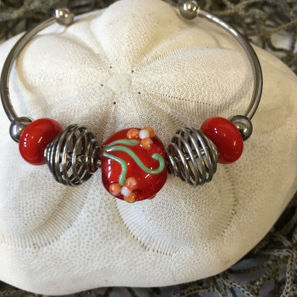 Bracelet - Handmade Lampwork Bead with Flower Detail Bangle