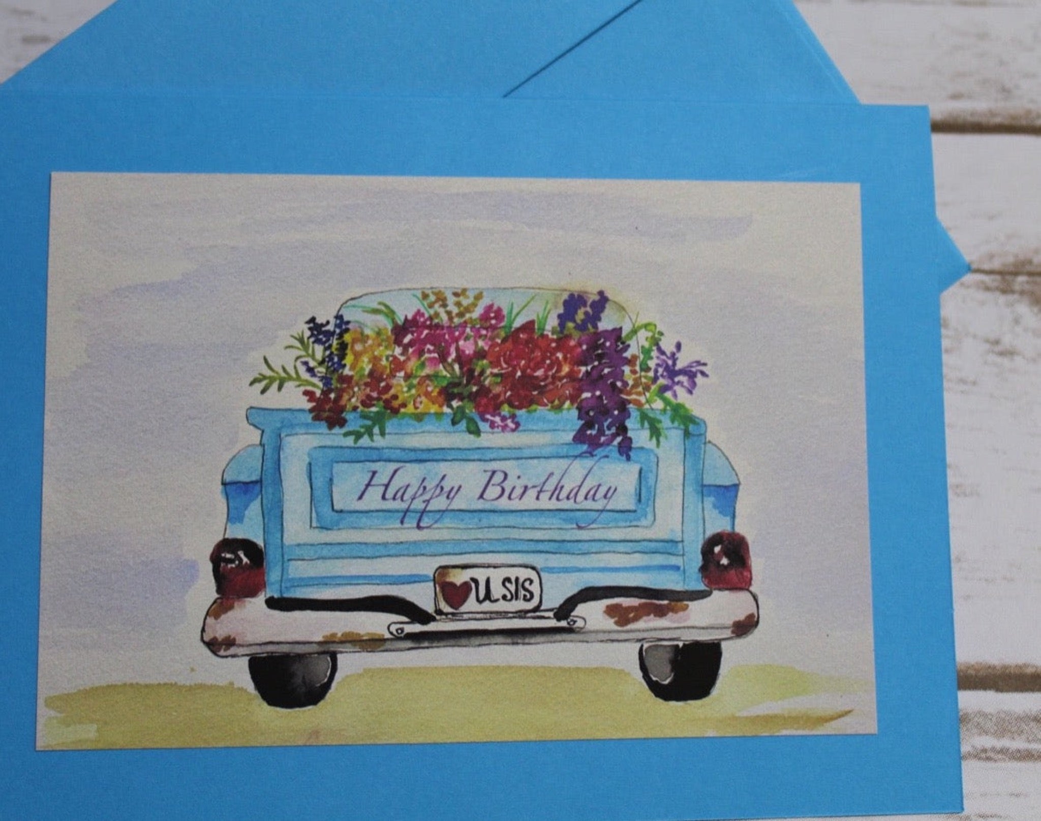 Happy Birthday (Sister) Old Truck with Flowers - Watercolor