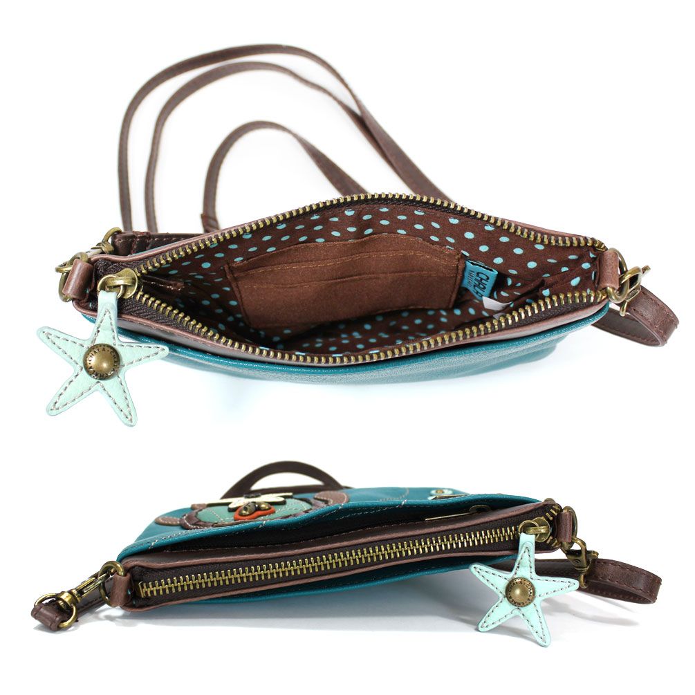 Chala Sea Turtle Mini Crossbody Handbag — Teal Faux Leather, 8x6 Inches, Adjustable Strap, Card Slots