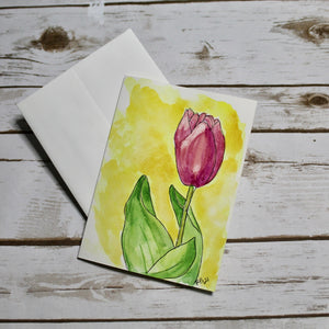 Original Hand-painted Watercolor Note Card - Pink Tulip