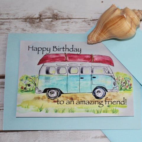 Happy Birthday VW Van with Canoe - Watercolor Note Cards