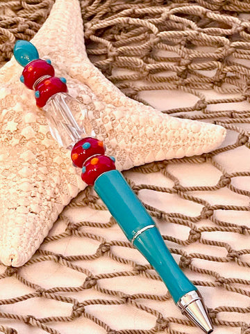 Beaded Pen - Turquoise & Red Bumpy Bead