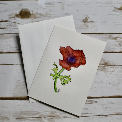 Original Hand-painted Watercolor Note Card -  Anemone