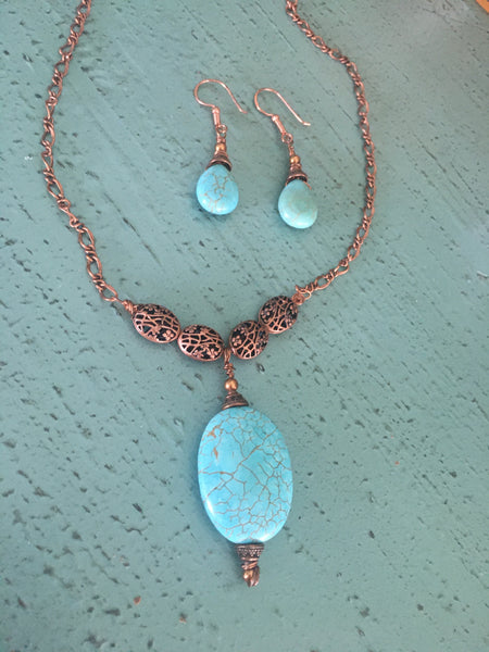 Turquoise & Copper Necklace - Antique Copper Filigree Beads with Copper Chain