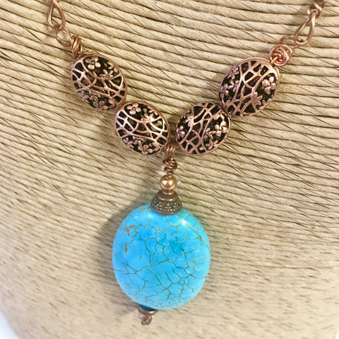 Turquoise & Copper Necklace - Antique Copper Filigree Beads with Copper Chain