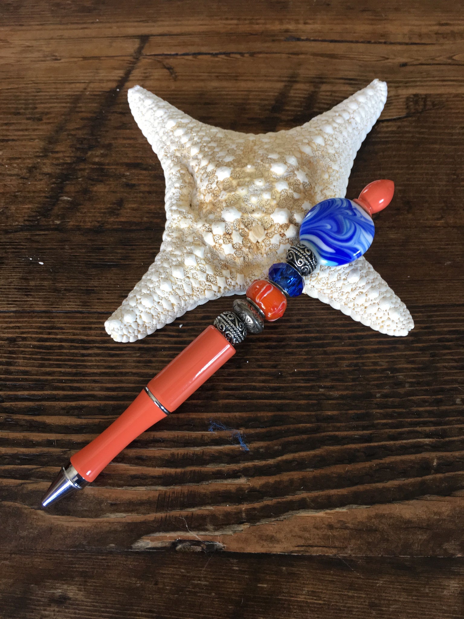 Beaded Pen -  Orange & Blue Swirl