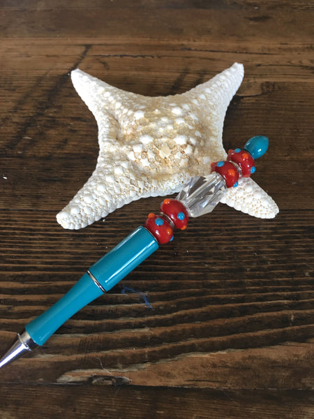 Beaded Pen - Turquoise & Red Bumpy Bead