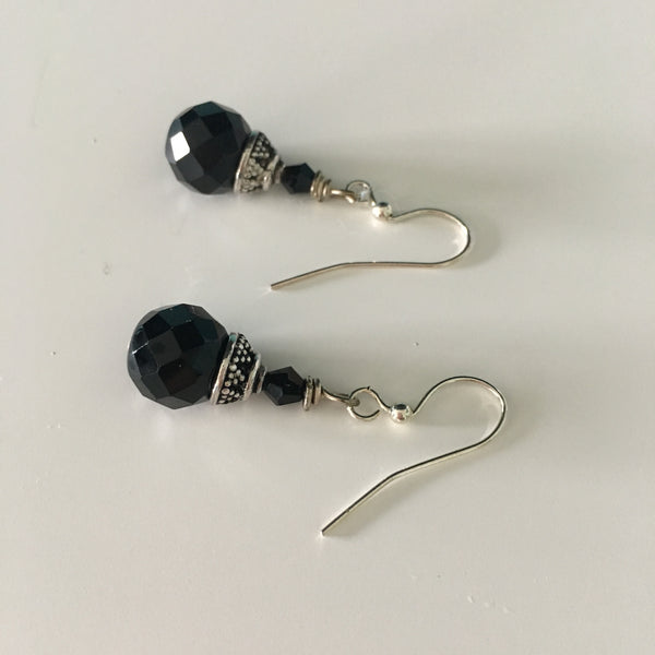 Earrings - Black Swarovski and Bali Sterling Silver