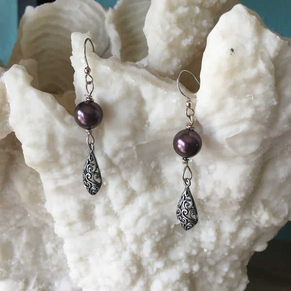 Earrings - Swarovski Burgundy Pearl with Bali Silver Accents