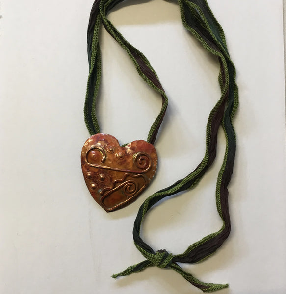 Necklace - Hand Forged Deco Copper Heart with Silk Cord