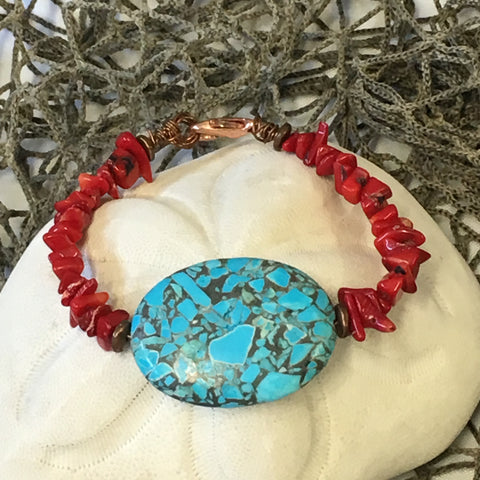 Turquoise Focal Bead and Red Coral Bracelet