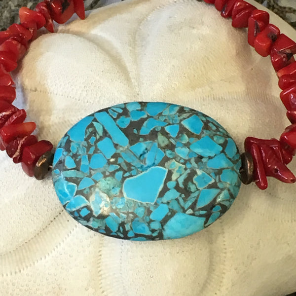 Turquoise Focal Bead and Red Coral Bracelet
