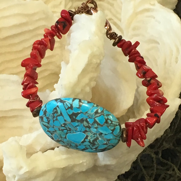 Turquoise Focal Bead and Red Coral Bracelet