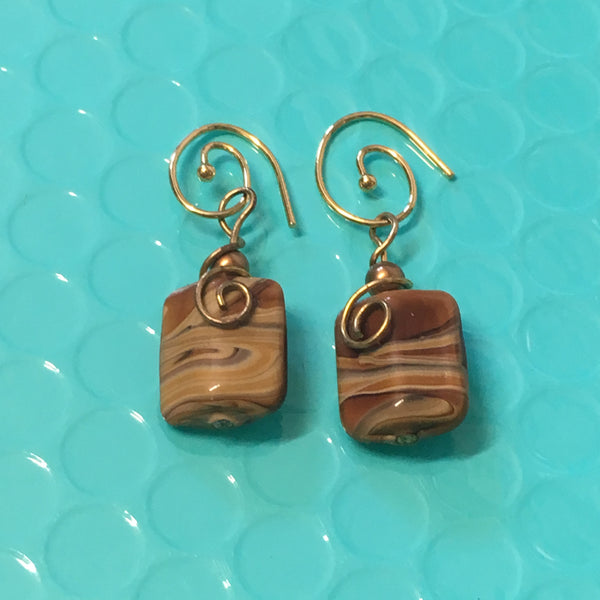 Earrings - Brown Fossil Stone & Wire Wrap