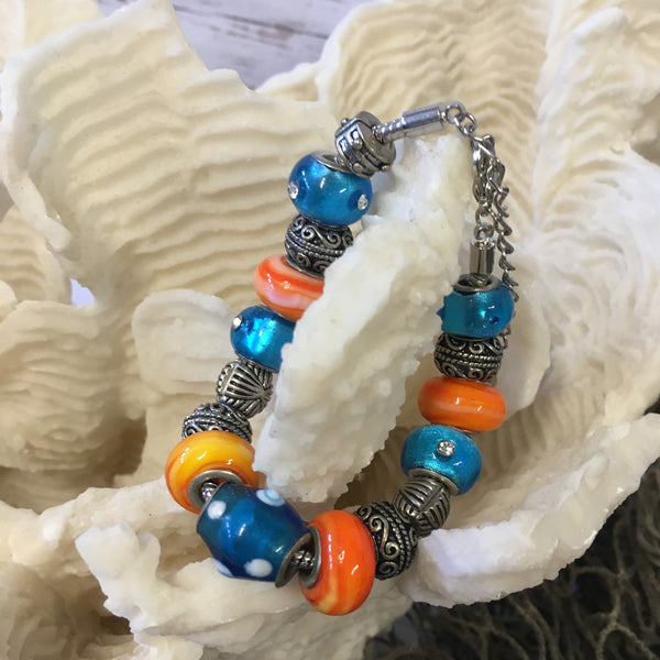 Blue and Coral Beaded Bracelet