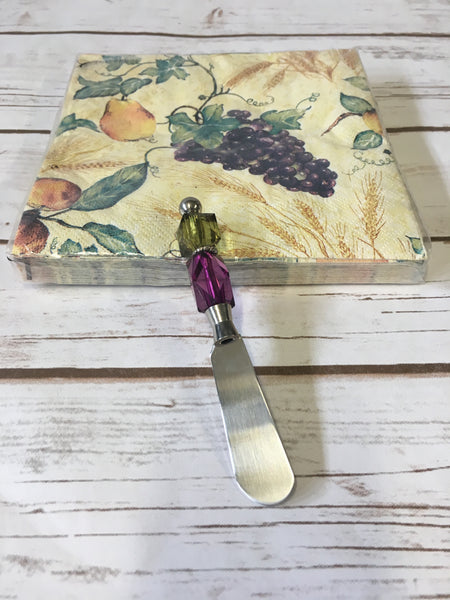 Napkin Gift Set with Handmade Canape Knife/Butter Spreader -  Grape Escape
