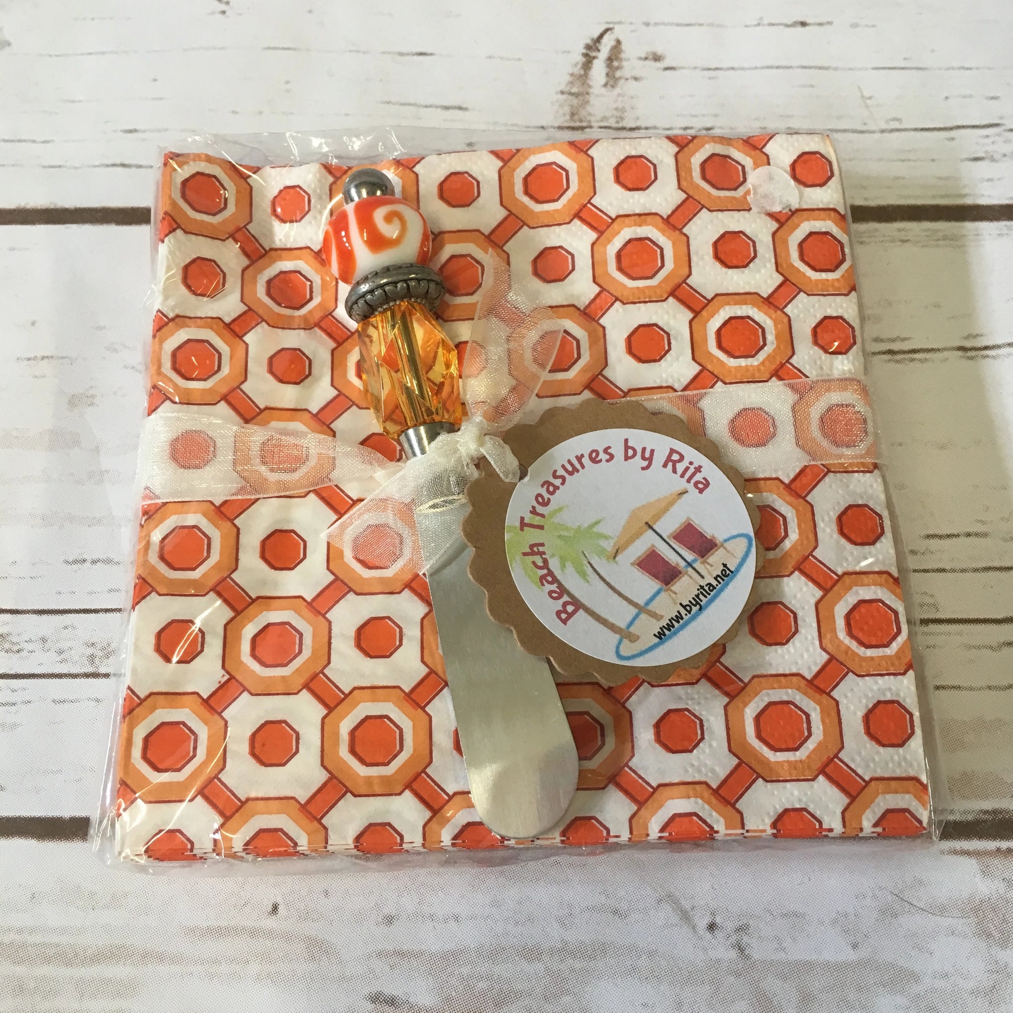 Napkin Set with Handmade Canape Knife/Butter Spreader -  Orange Geo