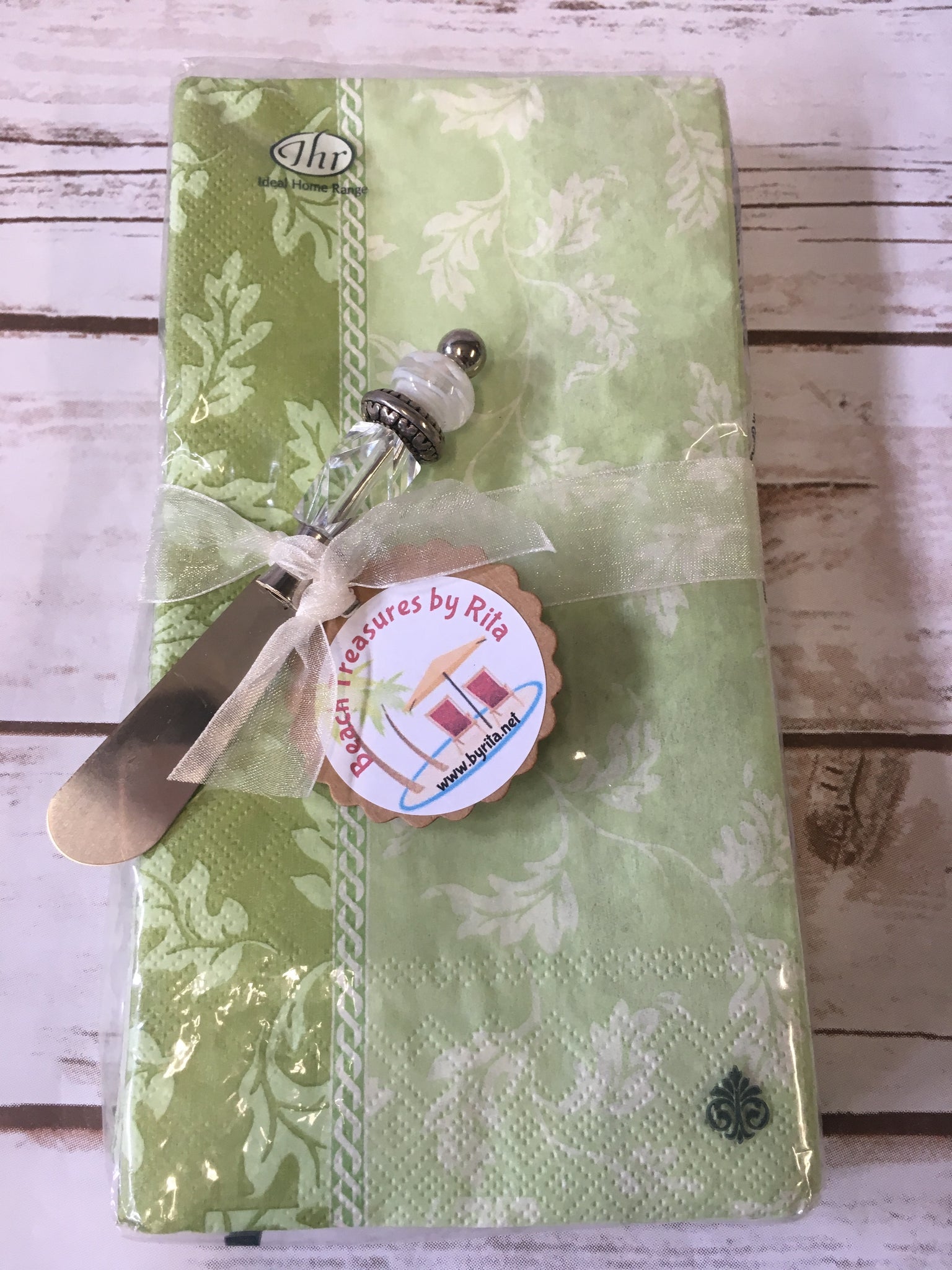 Napkin Set with Handmade Canape Knife/Butter Spreader -  Green Gardens
