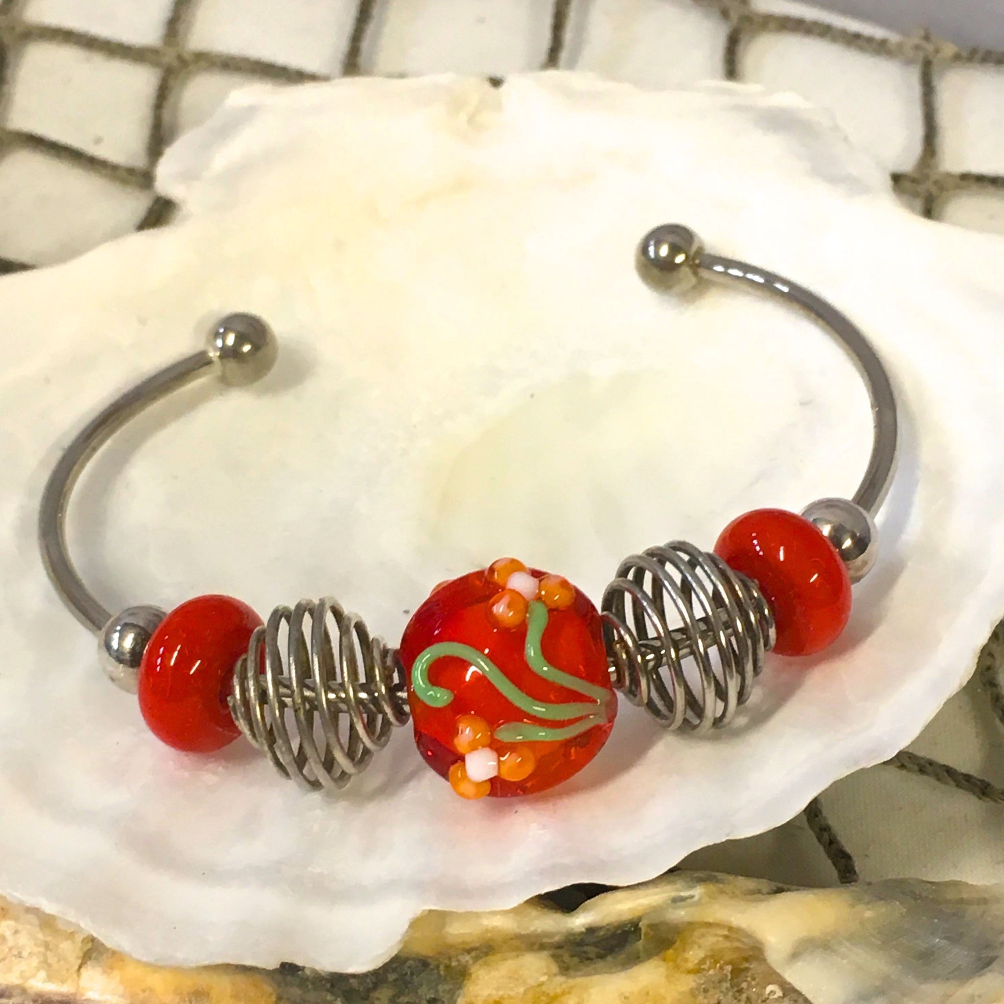 Bracelet - Handmade Lampwork Bead with Flower Detail Bangle