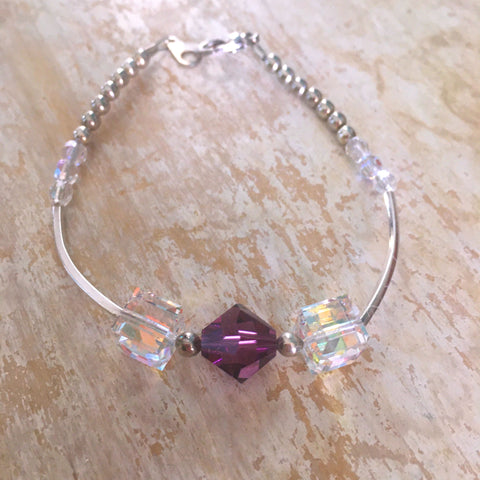 Swarovski Purple Cube with Silver Tube Beads and Crystal Accent Bead Bracelet