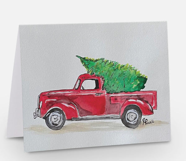 Vintage Red Truck with Christmas Tree