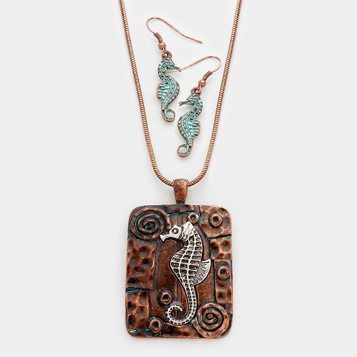 Necklace - Seahorse Pendant and Earrings - Verdigris